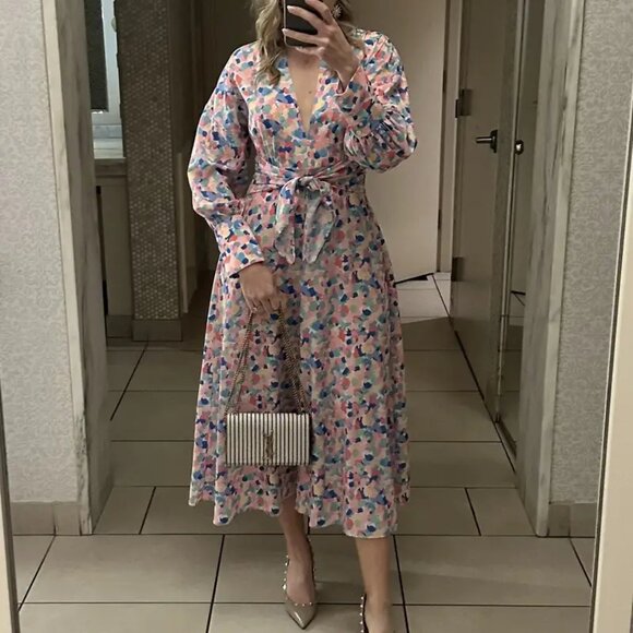 Paloma Blue Bronte Crepe de chine Tie Waist deep V Midi Dress Confetti print M - Picture 4 of 9